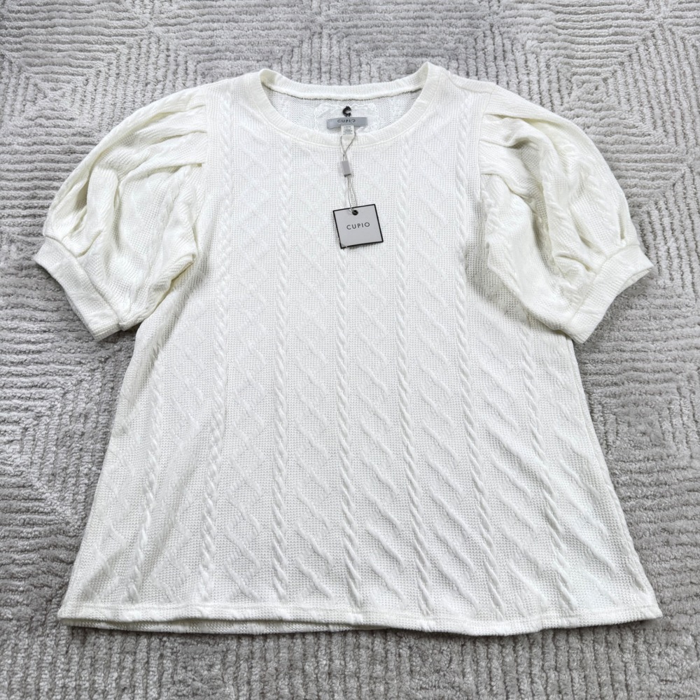Cupio Cream Cable Knit Puff Sleeve Scoop Neck Sweater